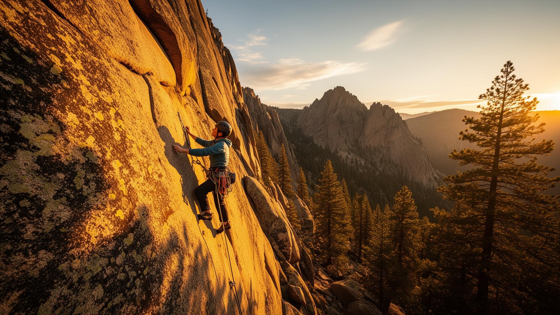 Climber on a sunlit granite face in Colorado